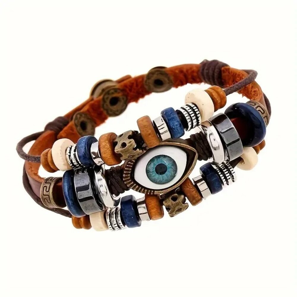 Leather Bracelet Cuff Bangle Layered Boho Beads Thrid Eye Evil Luck Hippie